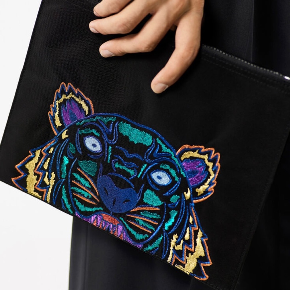 Large Kenzo holiday capsule collection A4 tiger multi color black fabric clutch